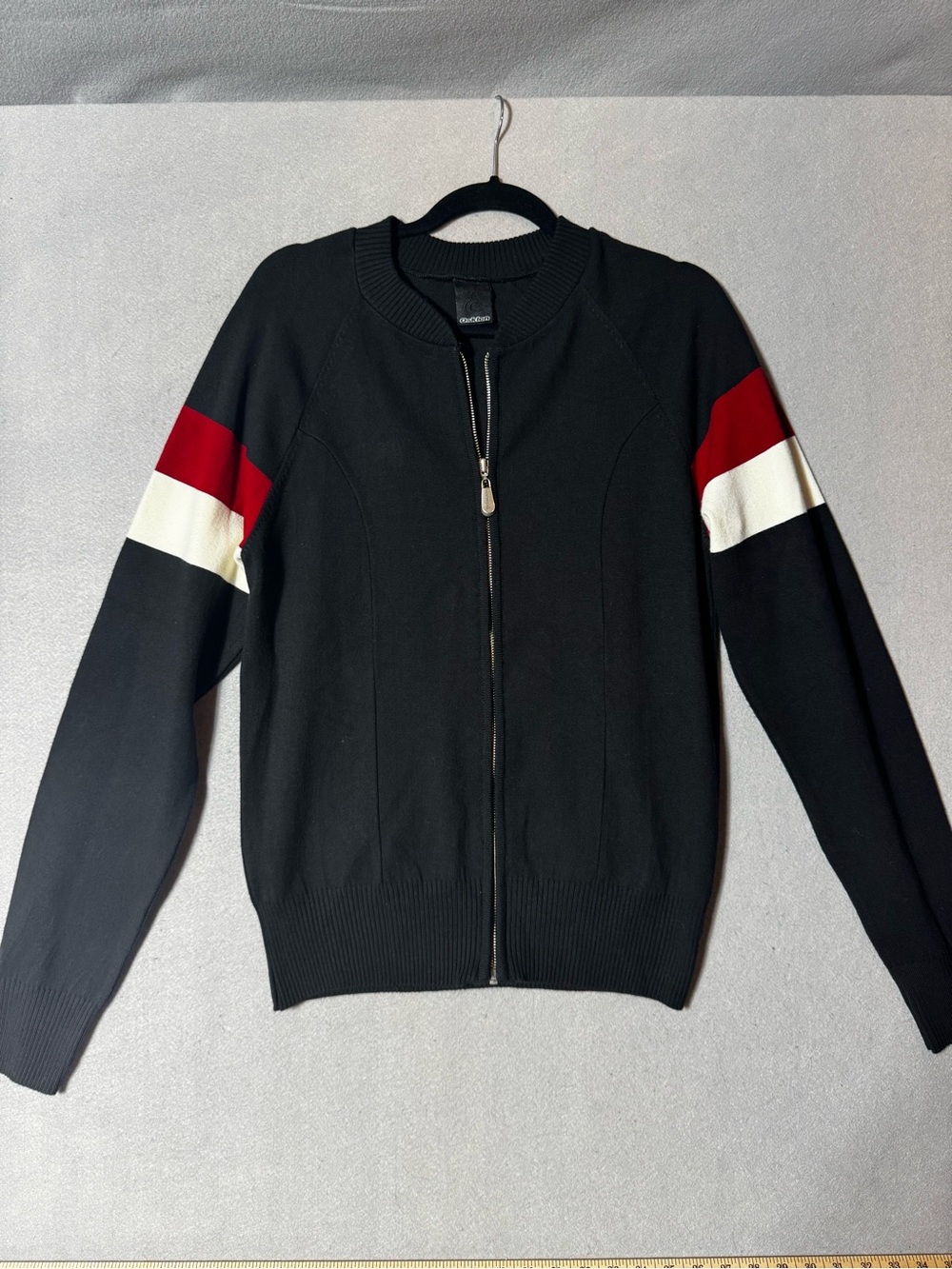 Men's Black Zip-Up Sweater with Red & White Sleeve Stripes